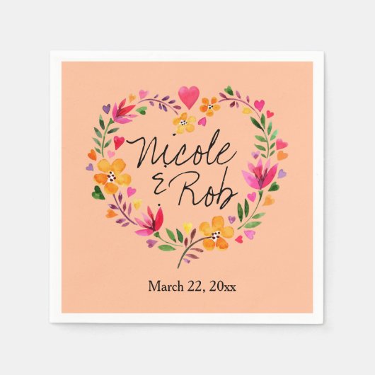 水彩花ハート結婚リース | モモ スタンダードカクテルナプキン (正面)