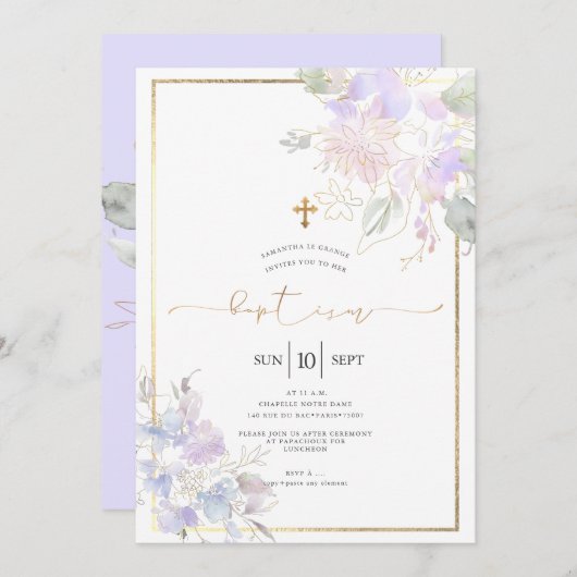 水彩花バプティスマ薄紫スイートピース 招待状 (正面/裏面)