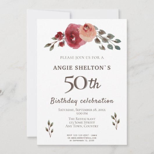 水彩花バラフローラ50誕生日 招待状 (正面)