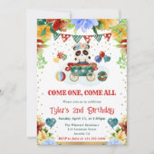 水彩花パンダ子供の誕生日 招待状 (正面)