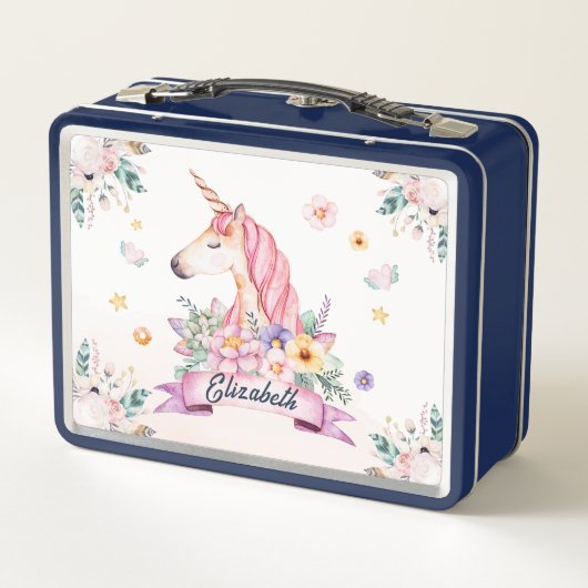 水彩花パーソナライズされたユニコーン女の子 メタルランチボックス (裏面)