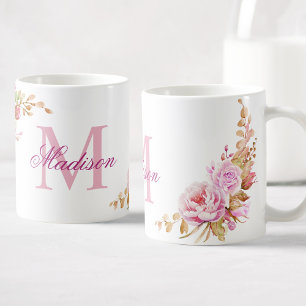 水彩花パープルカスタムモノグラム名 コーヒーマグカップ