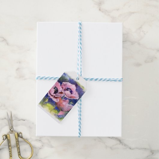 水彩花ピンクのポピーイラストレーション花 ギフトタグ (より糸付き)