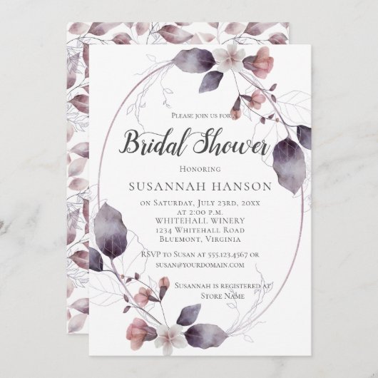 水彩花ピンクの花葉のブライダルシャワー 招待状 (正面/裏面)