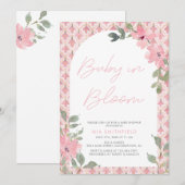 水彩花ピンクタイルの赤ちゃんが咲くシャワー 招待状 (正面/裏面)