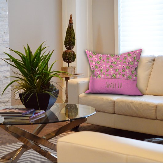 水彩花ピンク子供名前クッション クッション