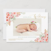 水彩花ピンク赤ちゃんガールフォト誕生 案内状 (正面)