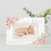 水彩花ピンク赤ちゃんガールフォト誕生 案内状 (スタンド正面)