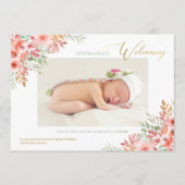水彩花ピンク赤ちゃんガールフォト誕生 案内状 (正面)