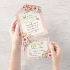 水彩花ピンク金ゴールド紙吹雪結婚式RSVP オールインワン招待状