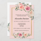 水彩花フレームピンク赤ちゃんシャワー 招待状 (正面/裏面)