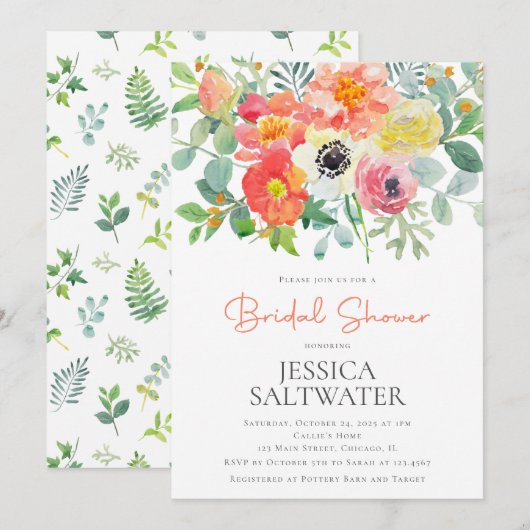 水彩花ブライダルシャワー 招待状 (正面/裏面)