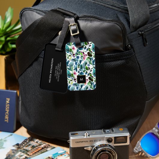 水彩花ブラックモノグラム金ゴールド ラゲッジタグ (正面&裏面)