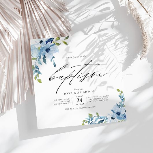 水彩花ブルーテーマ少年バプテスマ 招待状