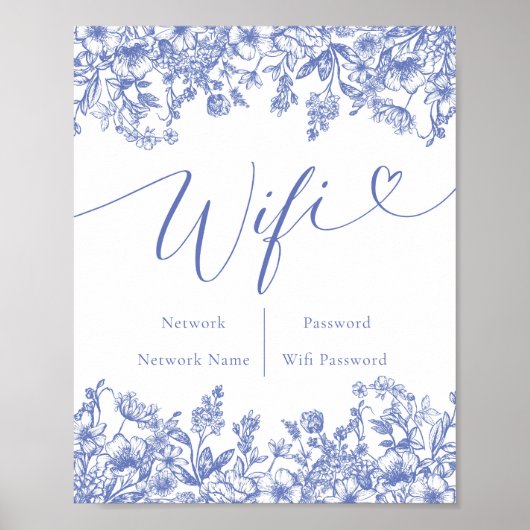 水彩花ボタニカルブルーフローラWifiサイン ポスター (正面)