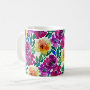 水彩花マルーン黄色 コーヒーマグカップ