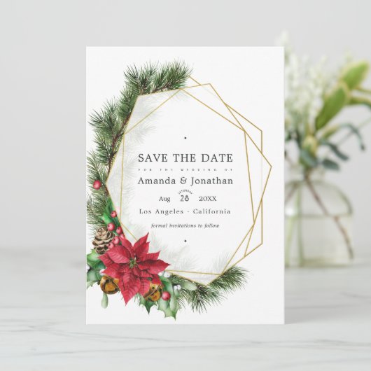 水彩花モダン幾何学クリスマスウェディング セーブザデート (スタンド正面)