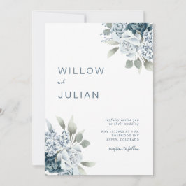 水彩花モダン ダスティーブルー ウェディング 招待状