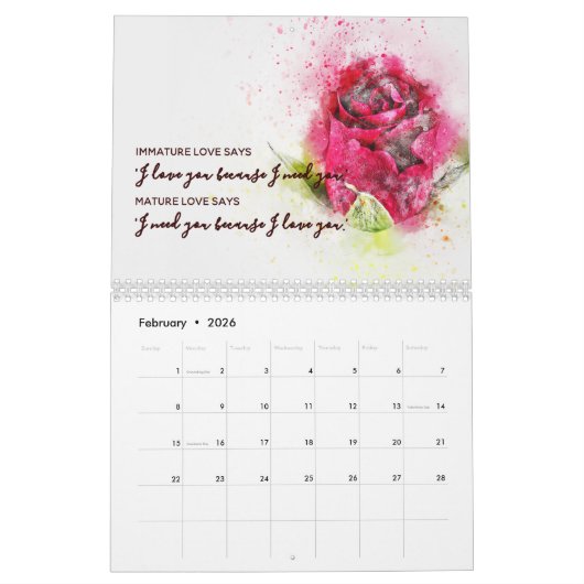 水彩花モチベーション付き引用文カレンダー カレンダー (2月 2026)