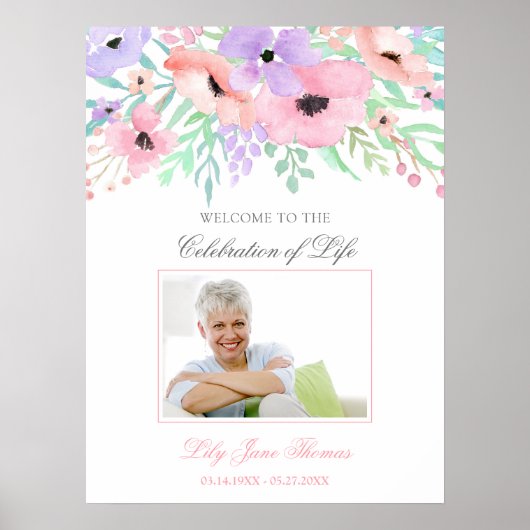 水彩花モチーフの葬儀用ウェルカムサイン - 18 x 24 ポスター (正面)