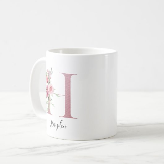 水彩花モノグラムピンクH名前をカスタムする コーヒーマグカップ (正面左)