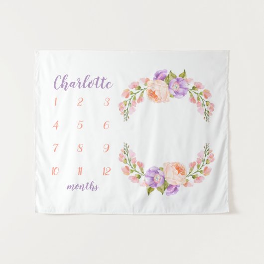 水彩花モノグラムベビーマイルストーン写真 タペストリー (正面(横))