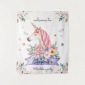 水彩花ユニコーンの女の子の誕生日ウェルカム タペストリー (正面)