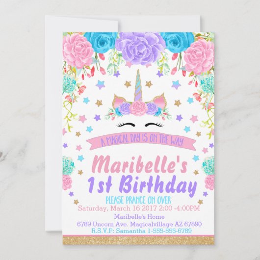 水彩花ユニコーンの顔の誕生日パーティー 招待状 (正面)