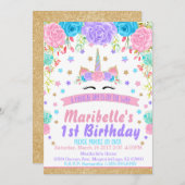水彩花ユニコーンの顔の誕生日パーティー 招待状 (正面/裏面)