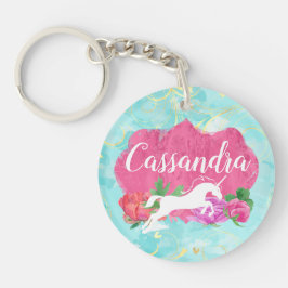 水彩花ユニコーンピンクブルーガールズ名 キーホルダー
