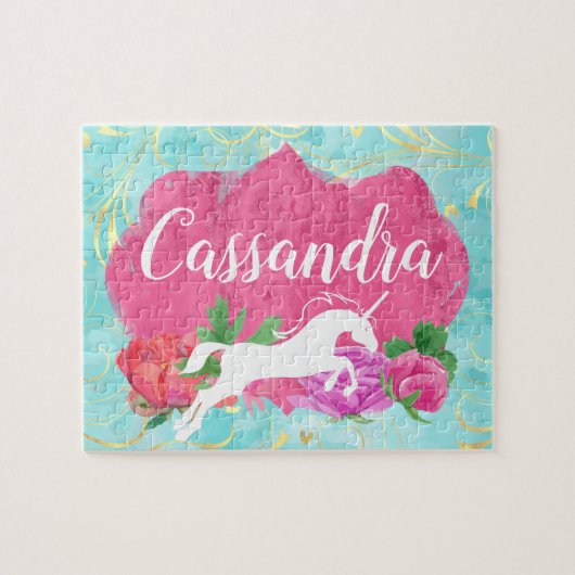 水彩花ユニコーンピンクブルーガールズ名 ジグソーパズル (横)