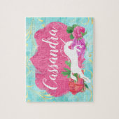 水彩花ユニコーンピンクブルーガールズ名 ジグソーパズル (縦)