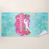 水彩花ユニコーンピンクブルーガールズ名 ビーチタオル (正面)