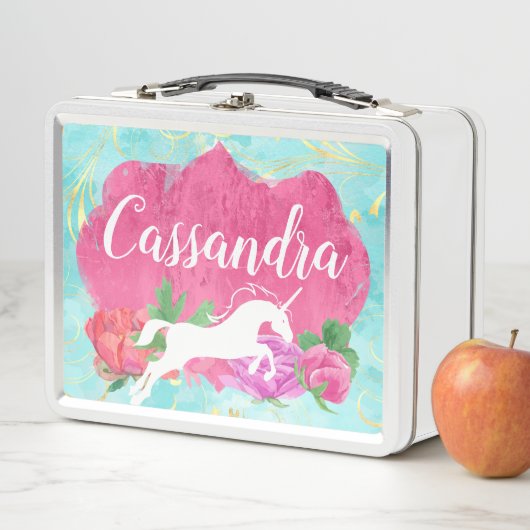 水彩花ユニコーンピンクブルーガールズ名 メタルランチボックス (インサイチュ)