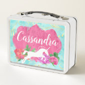 水彩花ユニコーンピンクブルーガールズ名 メタルランチボックス (裏面)