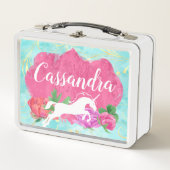 水彩花ユニコーンピンクブルーガールズ名 メタルランチボックス (正面)