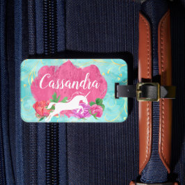 水彩花ユニコーンピンクブルーガールズ名 ラゲッジタグ