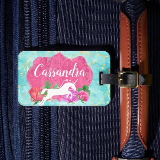 水彩花ユニコーンピンクブルーガールズ名 ラゲッジタグ (正面インサイチュ4)