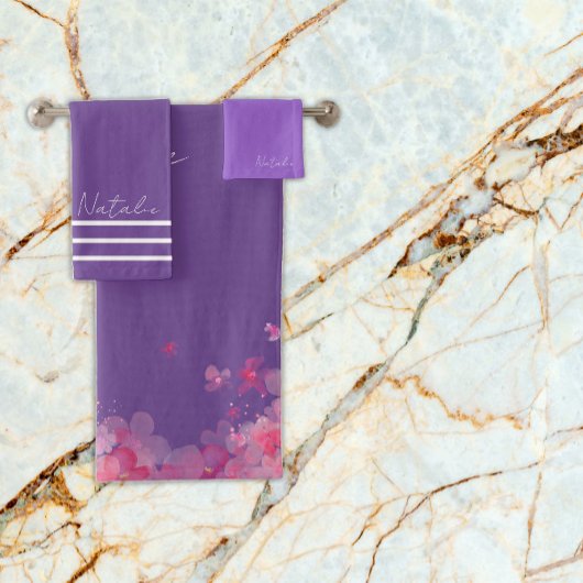 水彩花ラベンダー紫色の名前 バスタオルセット