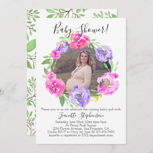 水彩花写真少女ベビーシャワー 招待状 (正面/裏面)
