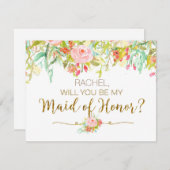 水彩花卉ドレス　あなたは結婚式の花嫁の介添え人になりますか 招待状 (正面/裏面)