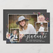 水彩花卉三照片毕业派对 招待状 (正面/裏面)