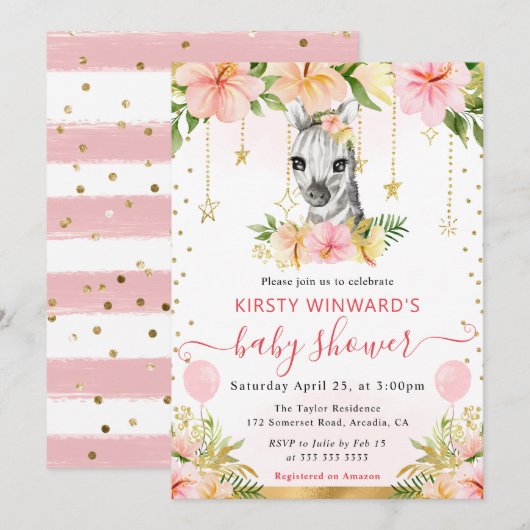 水彩花卉丛林斑马婴儿淋浴 招待状 (正面/裏面)