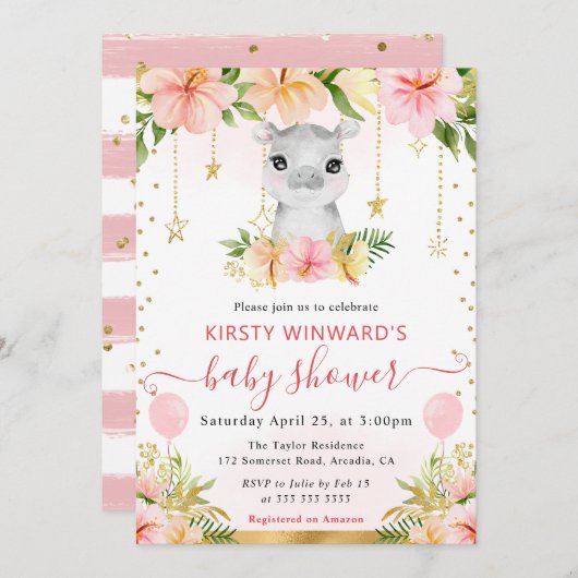 水彩花卉丛林河马婴儿淋浴 招待状 (正面/裏面)