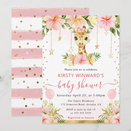 水彩花卉丛林长颈鹿婴儿淋浴 招待状 (正面/裏面)
