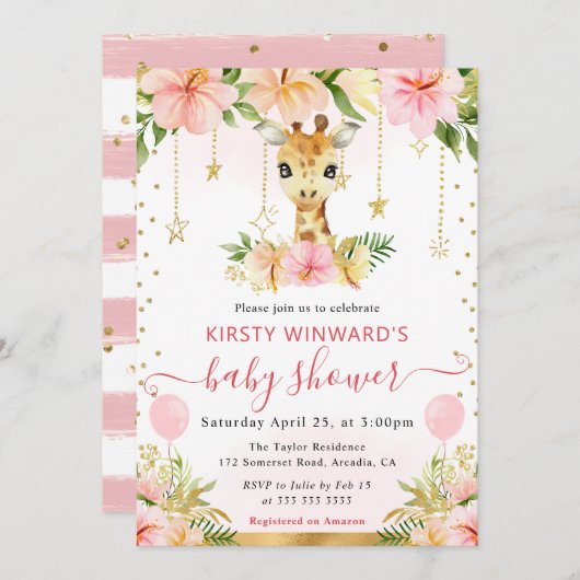 水彩花卉丛林长颈鹿婴儿淋浴 招待状 (正面/裏面)