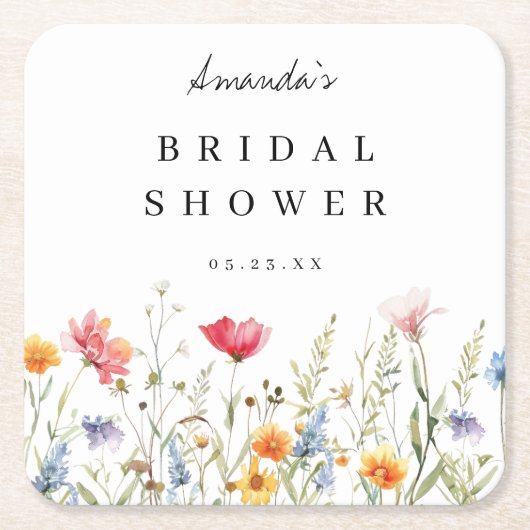 水彩花卉主题的婚前小聚会 スクエアペーパーコースター (正面)
