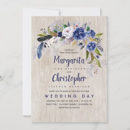 水彩花卉乡村海军婚礼 招待状 (正面)