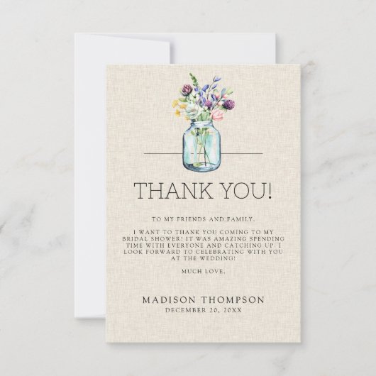 水彩花卉亚麻布波西米亚风格婚前派对邀请函 サンキューカード (正面)