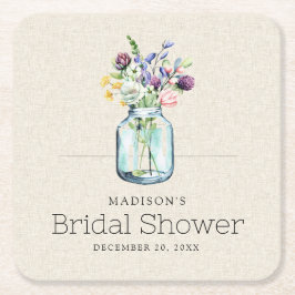 水彩花卉亚麻布波西米亚风格婚前派对邀请函 スクエアペーパーコースター
